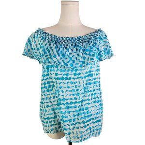 Michael Kors Blue Patterned Off-Shoulder Top Medium Cotton Silk Blend